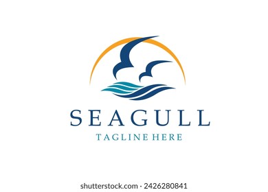 icon of sea waves with seagulls isolated on white background