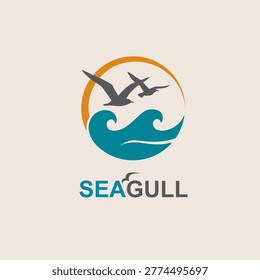 icon of sea waves with seagulls isolated on light background