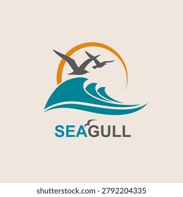 icon of sea waves with seagulls isolated on light background