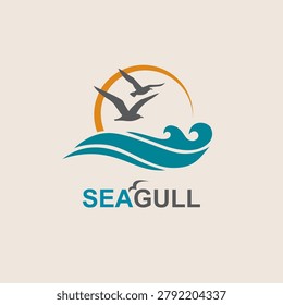 icon of sea waves with seagulls isolated on light background