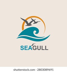icon of sea waves with seagulls isolated on light background