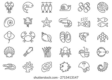 Icono para el conjunto de Vector de mariscos. Mariscos frescos para mejillón, filete de pescado, sardina, camarones, cangrejo, pulpo, estrella de mar de pescado, pescado Shankar y más. Ilustración vectorial.