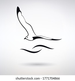 icon seagull on the background of waves on a light background