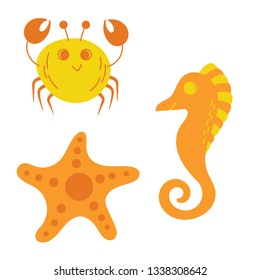 Icon of seahorse, starfish, crab. Set of marine animals isolated on white background, illustration