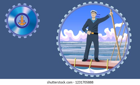 Icon of seaman, sailor in circle frawe wich gearwhell, seascape wich clouds and ropes of sail