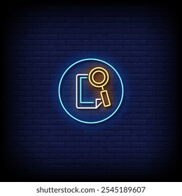 icon search neon sign vector with brick wall background