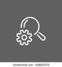 Icon of search optimization. Gear, cogwheel, engine, magnifying glass. Website development concept. Can be used for topics like marketing, internet, improvement, taking statistics