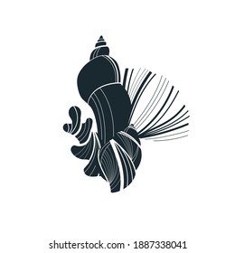 Icon with a seashell and seaweed. A graphic symbol with a snail shell. Nautical sketch with linear texture. Black and white label with a conch.