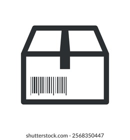 Icon of a securely sealed parcel, isolated on a white background, ready to be shipped. A clear barcode on the box allows for easy identification and tracking during transport.