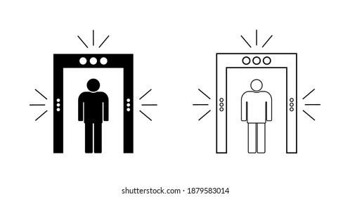 Icon of security in airport. Metal detector for check, inspection of body. Gate of scan in airport. Sign of scanner of tsa. Screening machine for checkpoint and police. Frame for person safety. Vector