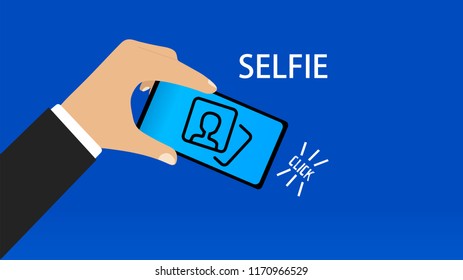 Icon Selfie hand holding a mobile in blue background with click written eps10 vector