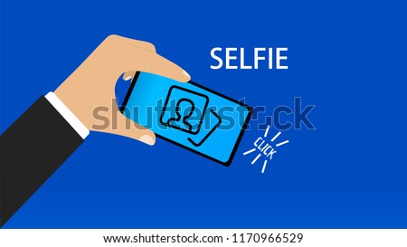 Icon Selfie hand holding a mobile in blue background with click written eps10 vector