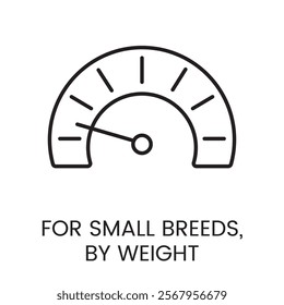 An icon of a semi circular scale gauge with a pointer in vector, symbolizing weight based measurement for small breeds, with an editable stroke.