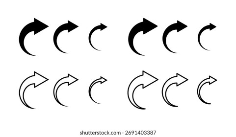 The icon, the icon of a semicircular curved arrow, is isolated on a white background, vector, black outline and silhouette. Graphic black and white element for design, stickers. Direction, motion