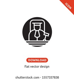 Icon of the sentencing judge. The symbol of the judge in a robe and a judge's cap with a hammer in his hand, swings before the decision in court. Flat contour design on isolated white background.
