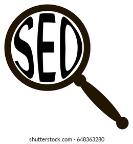 Icon seo, magnifying glass magnifies text word seo, vector concept search engine optimization.