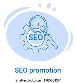Icono de las tecnologías de promoción y búsqueda SEO.Análisis de consultas de marketing y búsqueda.Ilustración vectorial de un icono de línea delgada en un fondo azul.