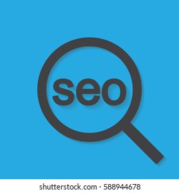 Icon seo technology with a magnifying glass into flat design.