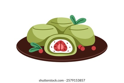 Icon of served mochi with strawberry. Traditional dessert of Japanese cuisine. Oriental snacks, daifuku with fruit. Sweet Asian food with berry. Flat isolated vector illustration on white background