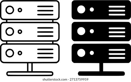 Ícone, ilustração de servidor, preto e branco, versões de contorno e silhueta