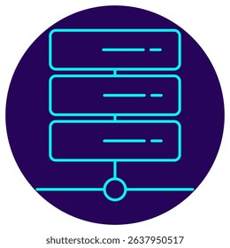 Icon of a server rack with network connection. Vector pictogram with thin lines on a dark blue circular background. Symbolizes data storage, hosting, and network infrastructure