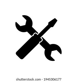 Icon service. Wrench key and screwdriver. Black silhouette tool isolated on white background. Symbol service repair. Design for support services. Technician logo. flat sign tools. Vector illustration