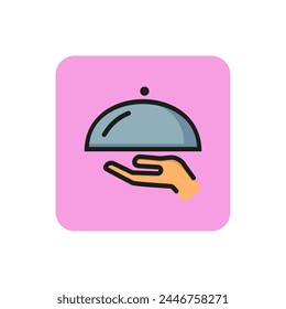 Icon of serving food. Dish, hand, plate. Restaurant concept. Can be used for topics like menu, service, banquet.