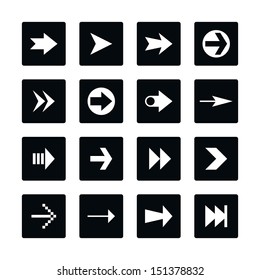 Icon set 02 arrow sign. White pictogram on black rounded square button. Solid plain monochrome flat tile. Simple contemporary modern style. Web design element vector illustration save 8 eps