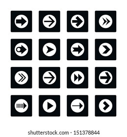 Icon set 03 arrow sign in circle. White pictogram on black rounded square button. Solid plain monochrome flat tile. Simple contemporary modern style. Web design element vector illustration save 8 eps