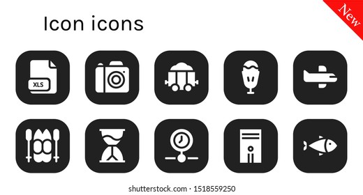 icon icon set. 10 filled icon icons.  Simple modern icons about  - Xls, Photo camera, Carriage, Sundae, Airplane, Ski, Hourglass, Processing, Computer, Fish