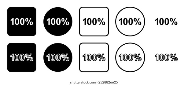 Icon set of 100 percent symbol. Filled, outline, black and white icons set, flat style.  Vector illustration on white background