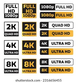 Icon set of 1080p full hd, 2k quad hd, 4k ultra hd, and 8k ultra hd video formats in black and gold color. 