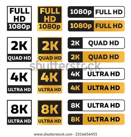 Icon set of 1080p full hd, 2k quad hd, 4k ultra hd, and 8k ultra hd video formats in black and gold color. 