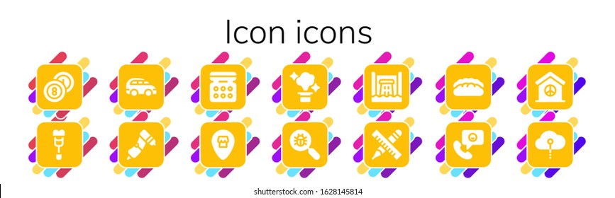 icon icon set. 14 filled icon icons. Included Billiards, Crutch, Car, Drill, Eye shadow, Location, Magic, Virus search, Hydro power, Pencil, Bread, Phone call, Peace, Cloud computing icons