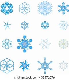 icon set of 16 different snowflakes and symbols