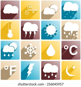 Icon Set with 16 different weather symbols and signs.