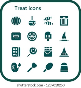  Icon set of 16 filled treat icons. Simple modern icons about  - Candy, Caramelized apple, Treats, Biscuit, Popsicle, Witch, Lollipop, Chocolate bar, Ghost, Cotton candy