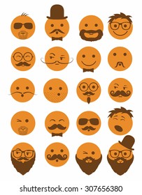 icon set 20 man`s faces with mustache and beard in orange color 