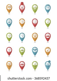 icon set 20 man`s faces with mustache and beard in color pointer