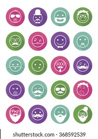 icon set 20 man`s faces with mustache and beard in color circles