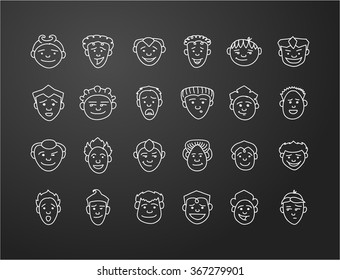 icon set 24 characters  faces of mans in white on black background