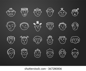 icon set 24  faces of boys and girls in white on black background