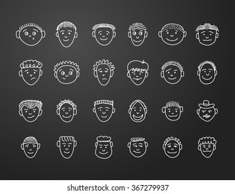 icon set 24  faces of mans in white on black background