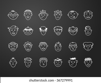 icon set 24  faces of mans in white on black background