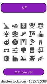 up icon set. 25 filled up icons.  Collection Of - Control, Bandaged finger, Fragile, Balloons, Nice, Startup, Elevator, Escalator, Crane, Reddit, Flipdrive, Paddles, Feeding chair