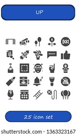up icon set. 25 filled up icons.  Simple modern icons about  - Ladder, Crane, Balloons, Growth, Previous, Research, Startup, Hot air balloon, Bravo, Like, Marquee, Makeup, Promise