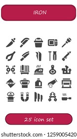  Icon set of 25 filled iron icons. Simple modern icons about  - Knife, Bucket, Microwave oven, Awl, Tweezers, Screw, Spear, Magnet, Cage, Iron, Pan, Bench press, Straighten, Detergent
