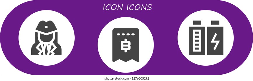  icon icon set. 3 filled icon icons. Simple modern icons about  - Stewardess, Invoice, Battery