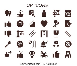  up icon set. 30 filled up icons. Simple modern icons about  - Balloons, Like, Research, Lipstick, Crane, Eye shadow, Thumb up, Stop, Stairs, Paddles, Login, Dislike, Ladder, Fragile