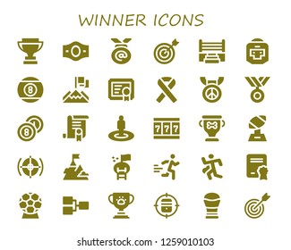  Icon set of 30 filled winner icons. Simple modern icons about  - Trophy, Champion belt, Medal, Target, Boxing ring, Boxer, Billiard, Achievement, Certificate, Ribbon, Billiards